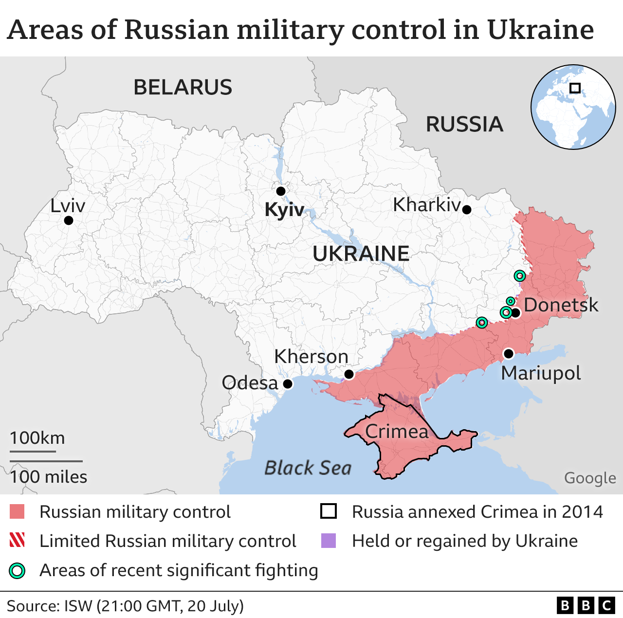 Mapa mostrando toda a Ucrânia e as áreas de combates recentes significativos