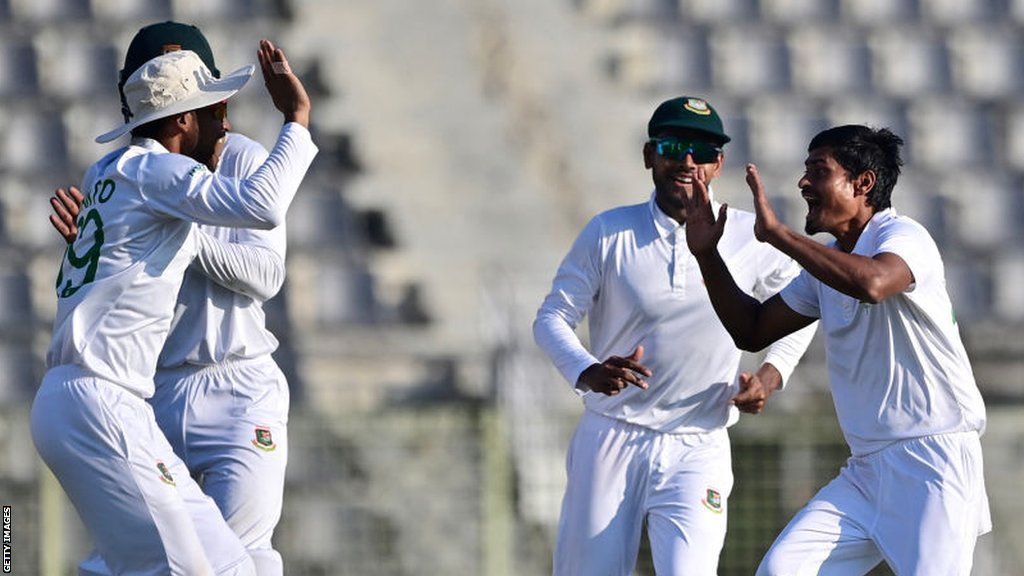 Bangladesh's Taijul Islam (right) celebrates with team-mates against New Zealand