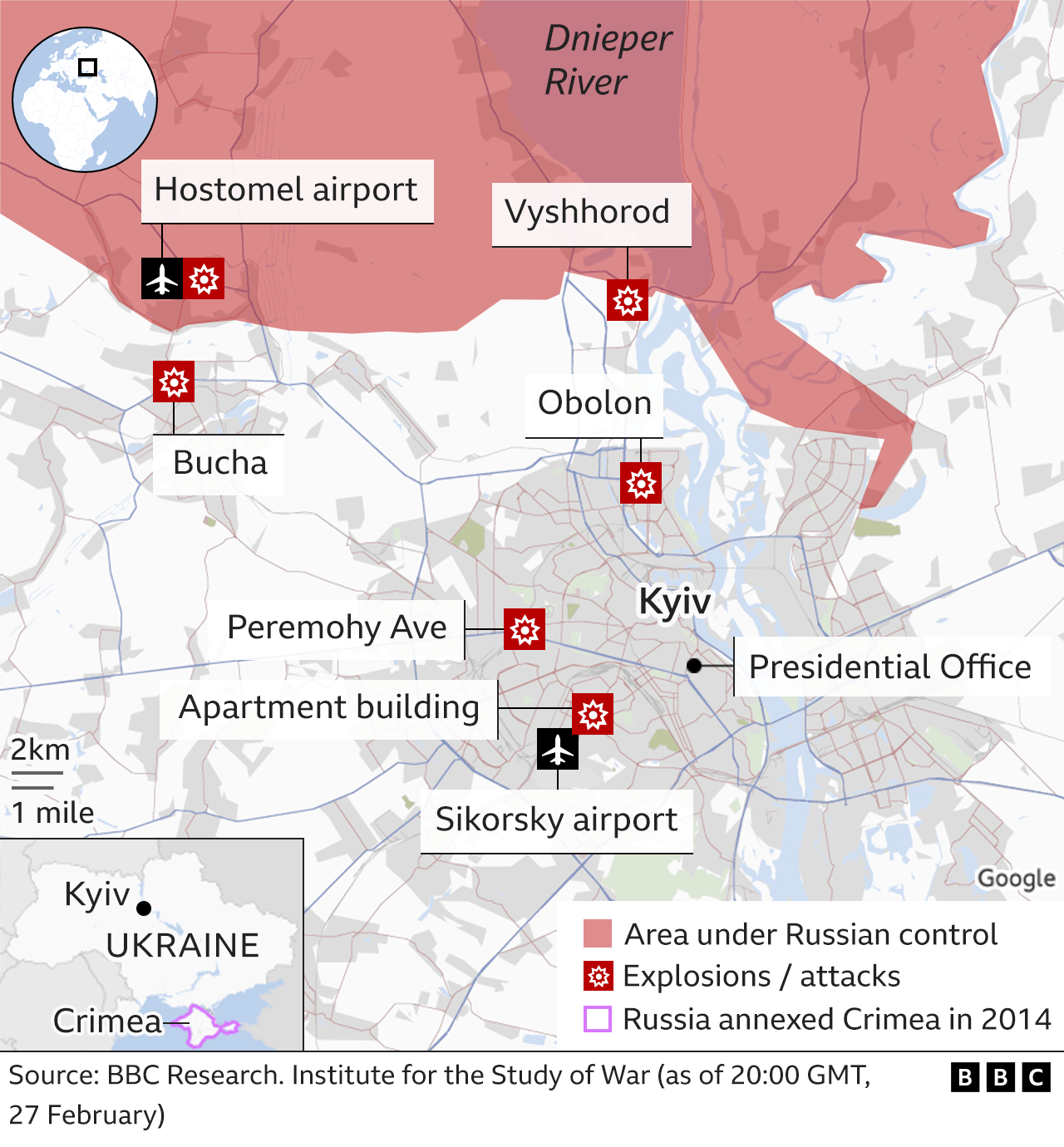 Map showing Kyiv. Updated 28 FEB