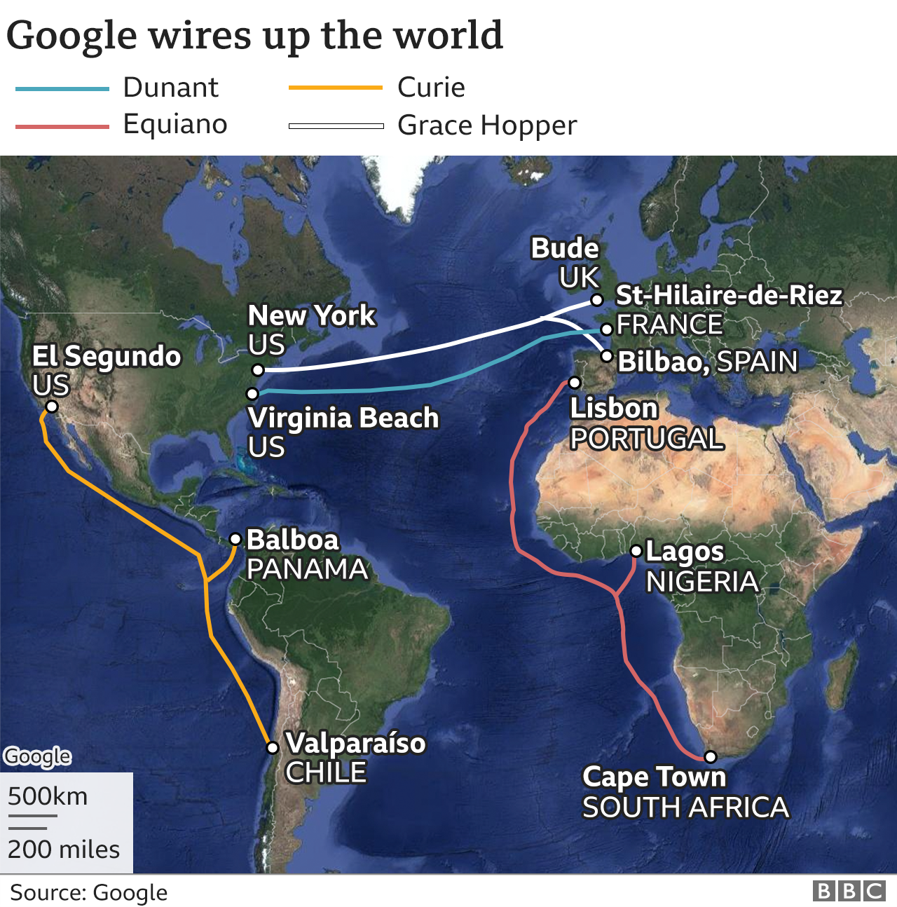 Map showing Google subsea cables. Updated 28 May