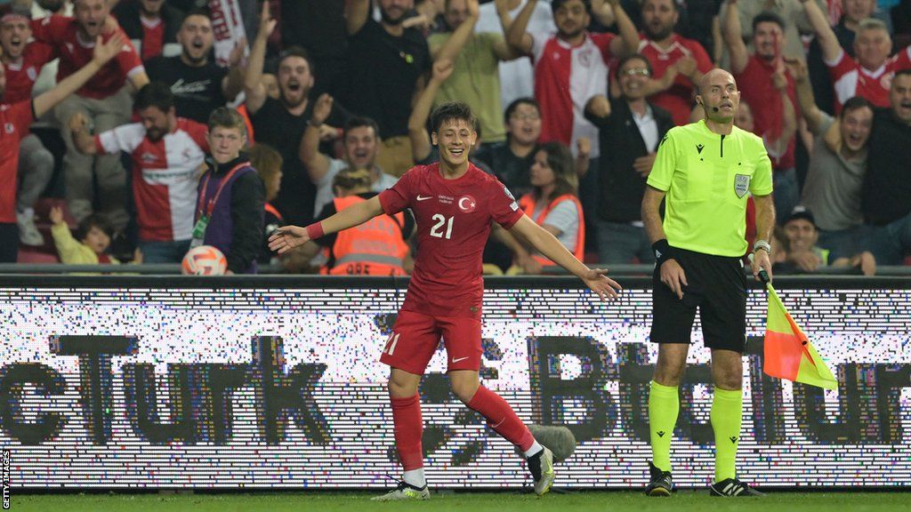 Arda Guler celebrates scoring his first goal for Turkey in a Euro 2024 qualifier against Wales