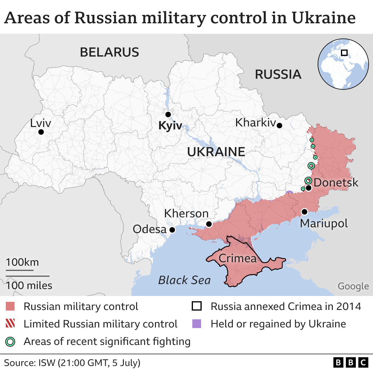 Map showing the whole of Ukraine and the areas of significant recent fighting