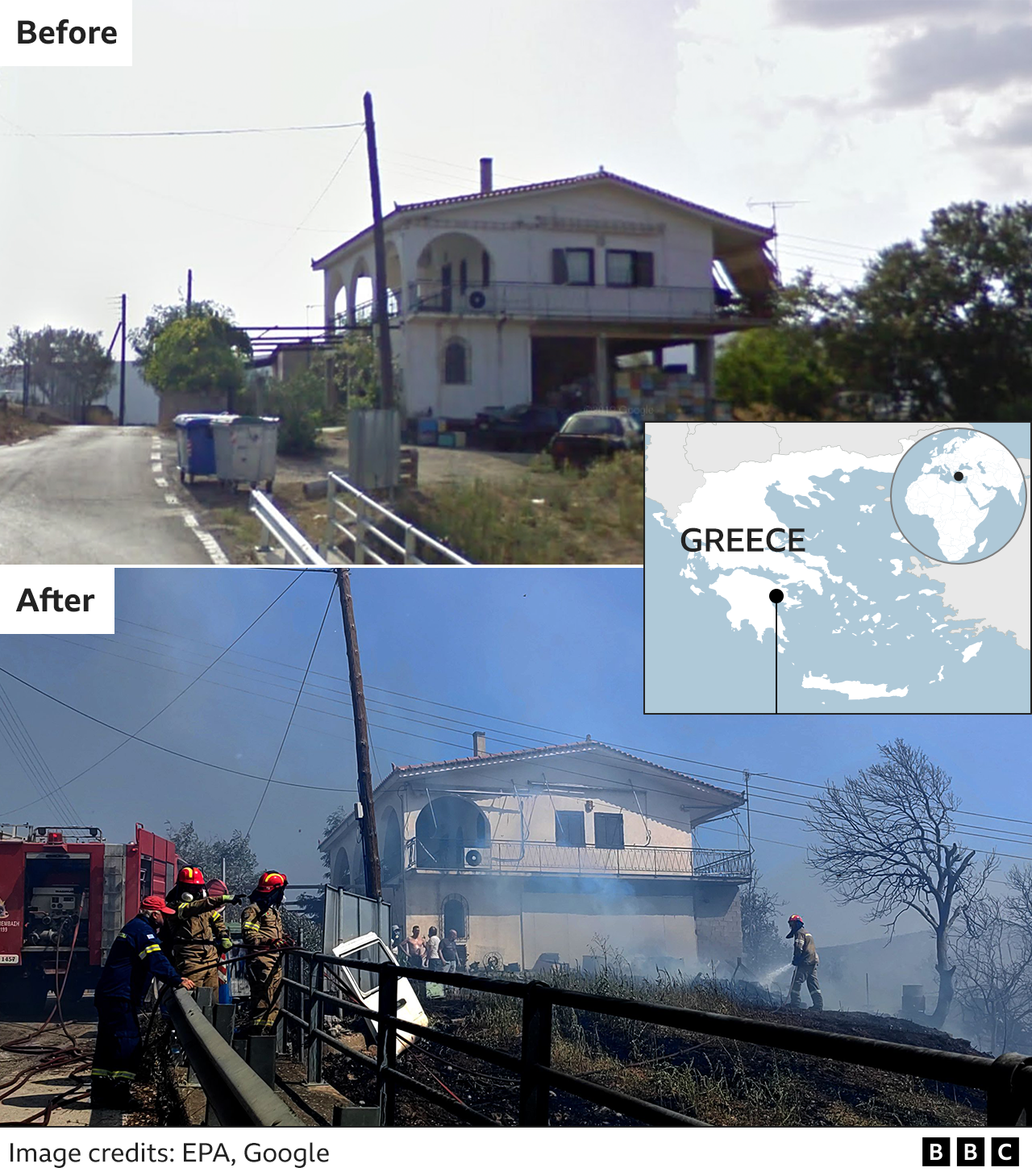 Before and after image showing a burnt area around a house in Midea
