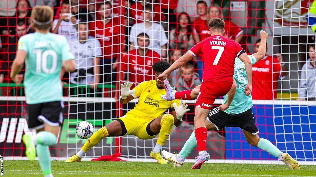 Jake Young puts the ball in the net for his second goal for Swindon in their 6-0 win against Crawley