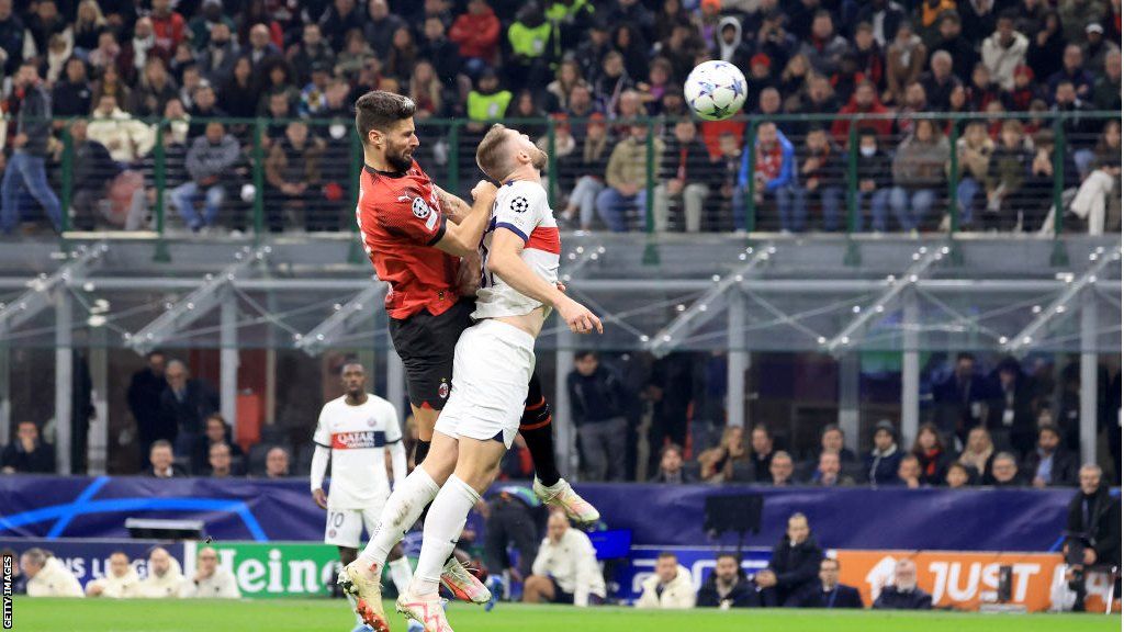 Olivier Giroud scores the winning goal for AC Milan against PSG