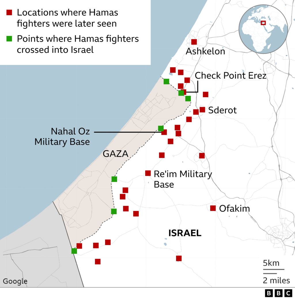 Map showing town stormed by Hamas