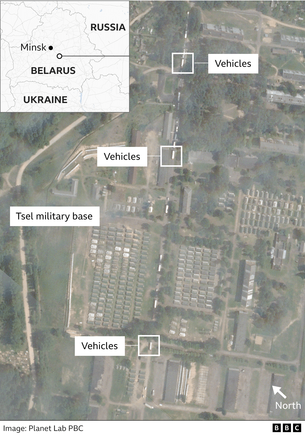 A satellite image showing the Tsel military base in Belarus