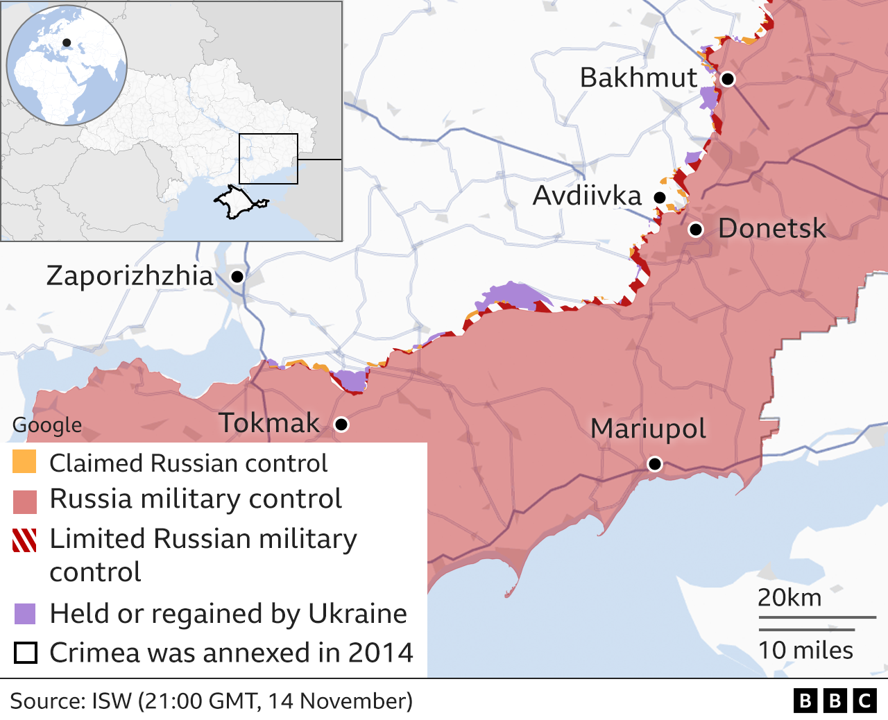 Map showing the south of Ukraine and town of Avdiivka