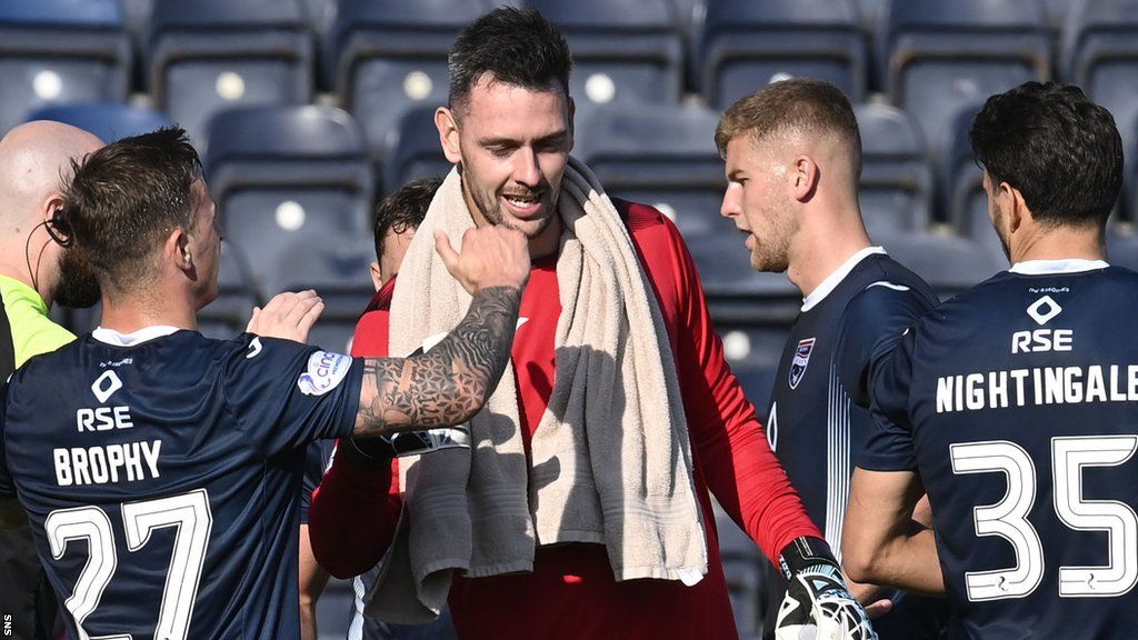 Ross County players celebrating with goalkeeper Ross Laidlaw