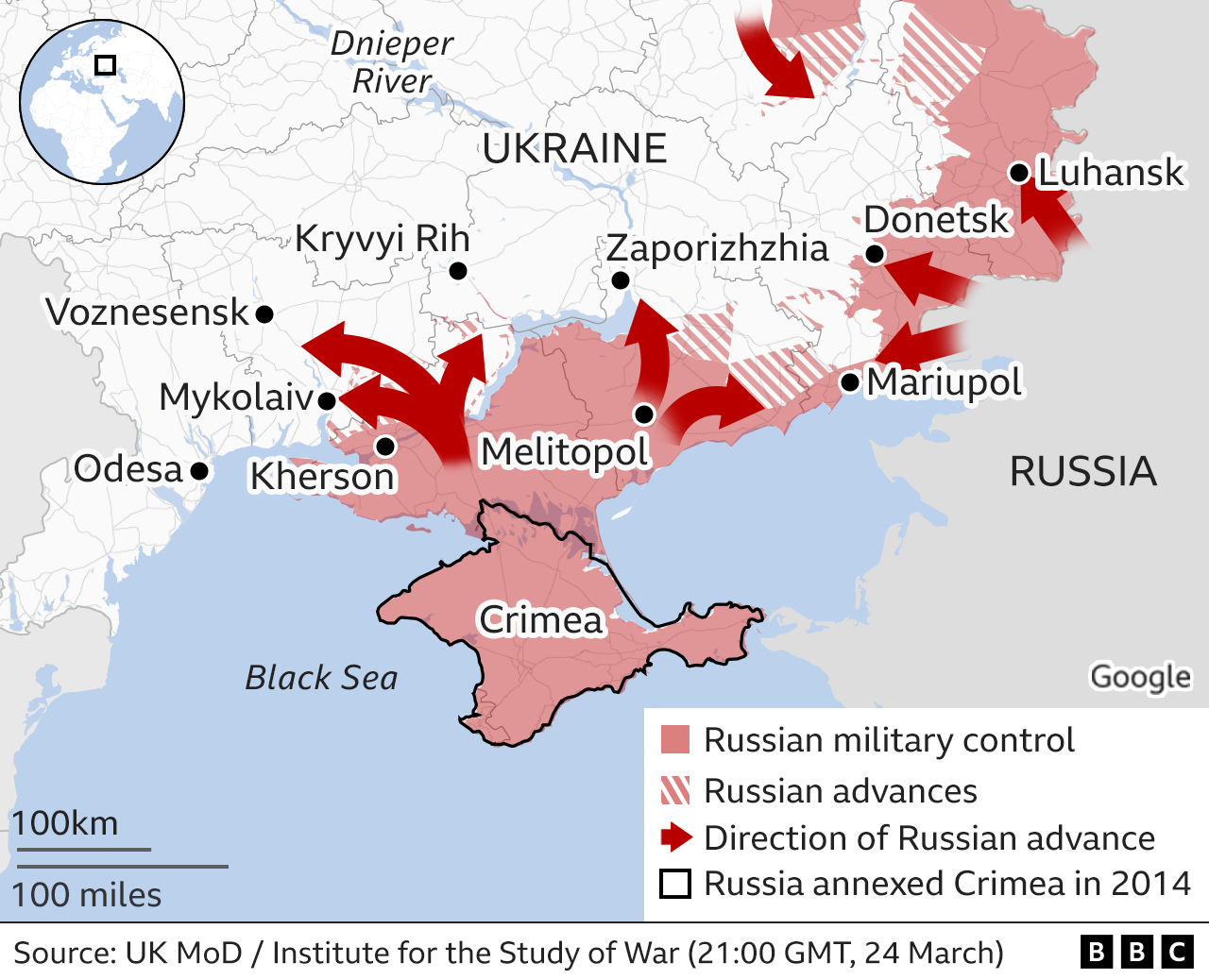 Map showing the Russian military advance into Ukraine from the south