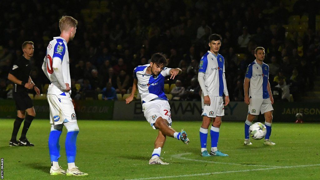 Zak Gilsenan curls in a free-kick for Blackburn in Tuesday's 8-0 win at Harrogate