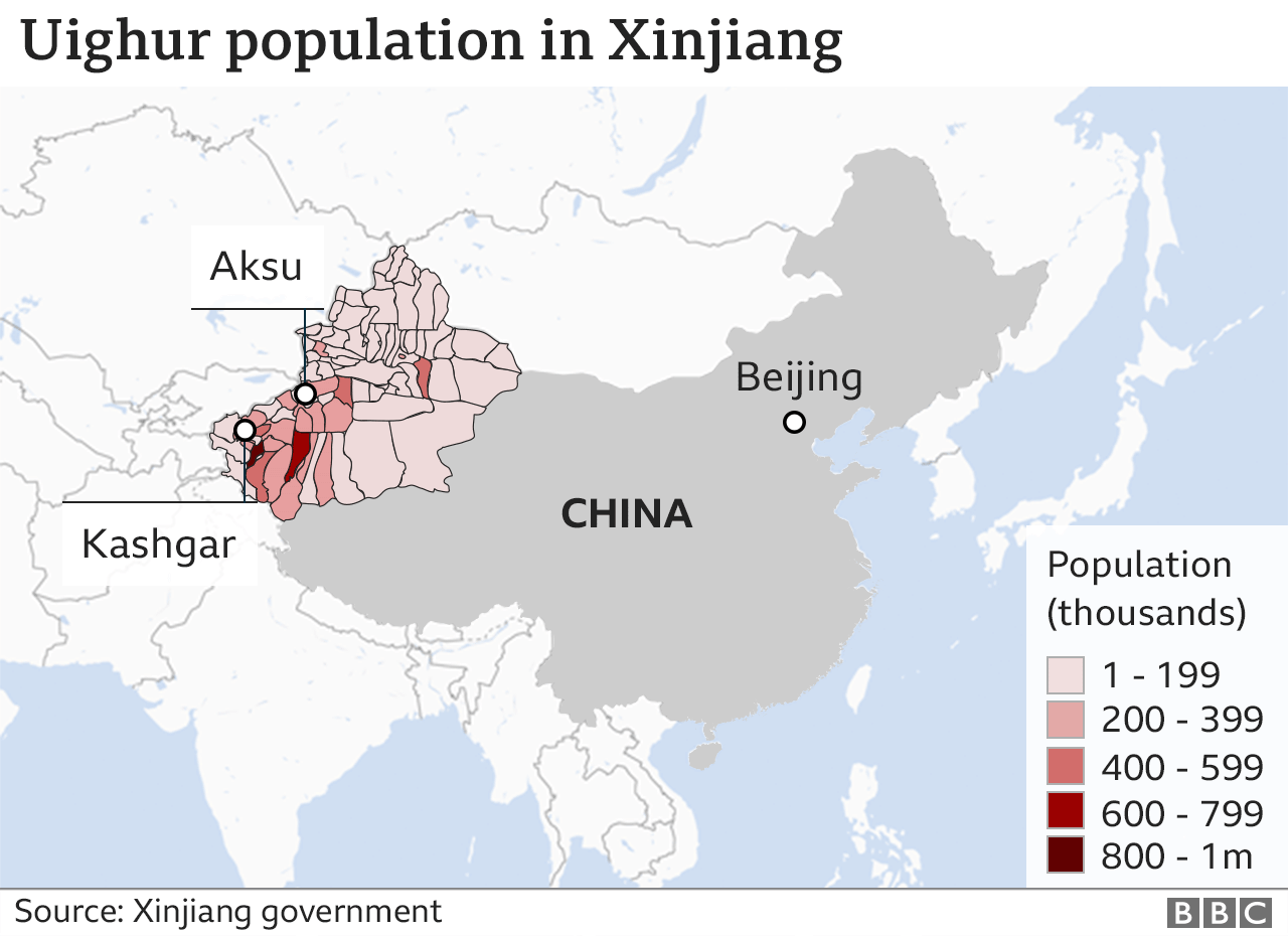 Map of China shows density of Uighur population in Xinjiang region