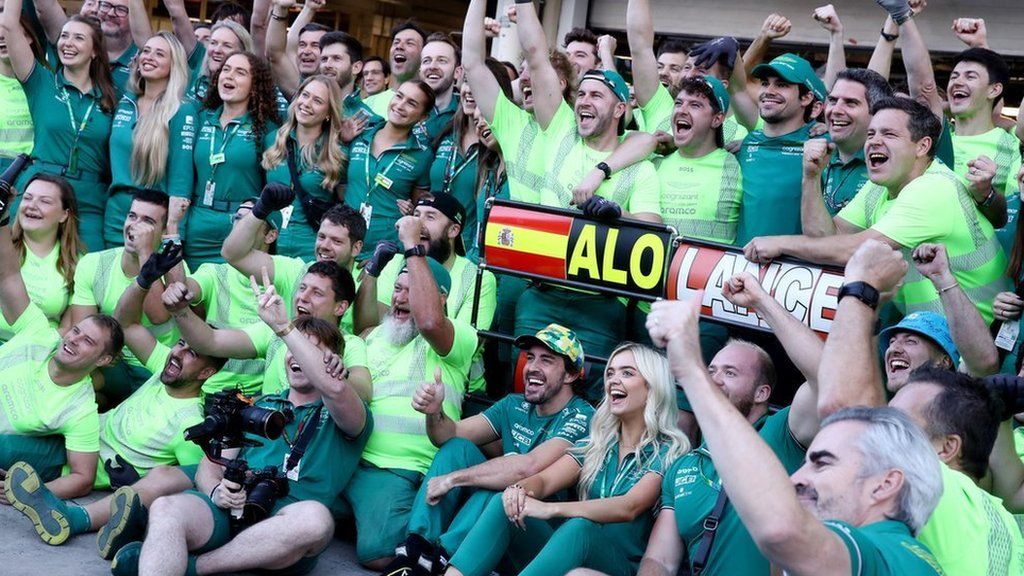 Fernando Alonso celebrating with Aston Martin after the Sao Paulo Grand Prix.