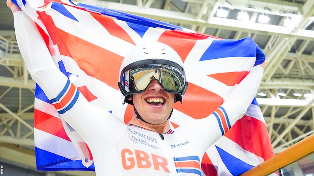 Great Britain's Archie Atkinson celebrates winning at the Para-cycling Track World Championships