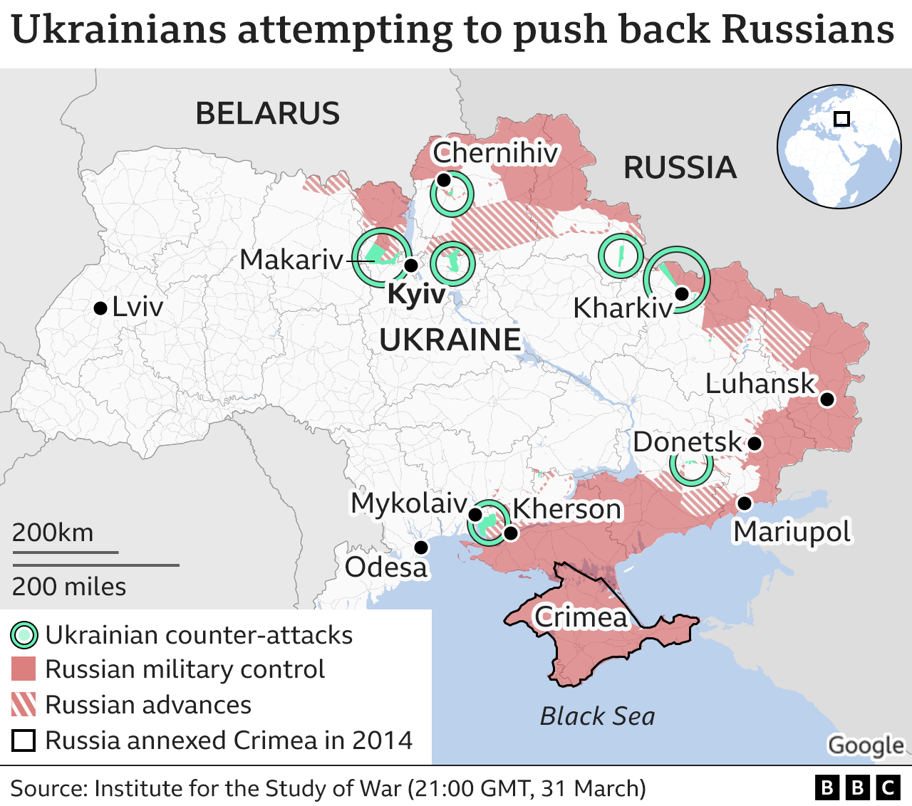 Map showing Russian advances and Ukrainian counter-attacks