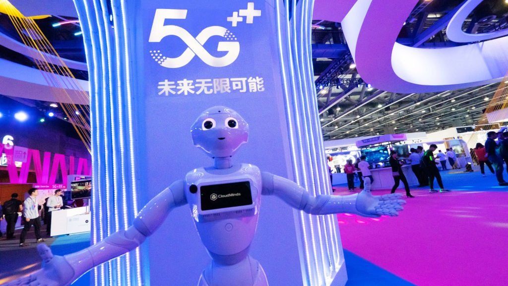A CloudMinds robot welcomes guests during China Mobile Global Partners Conference 2019 at Poly World Trade Center Expo on November 14, 2019 in Guangzhou, Guangdong Province of China.