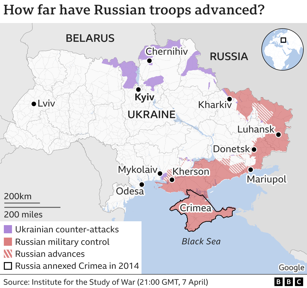 Map showing areas under Russian control and areas retaken by Ukrainian counter-attacks.