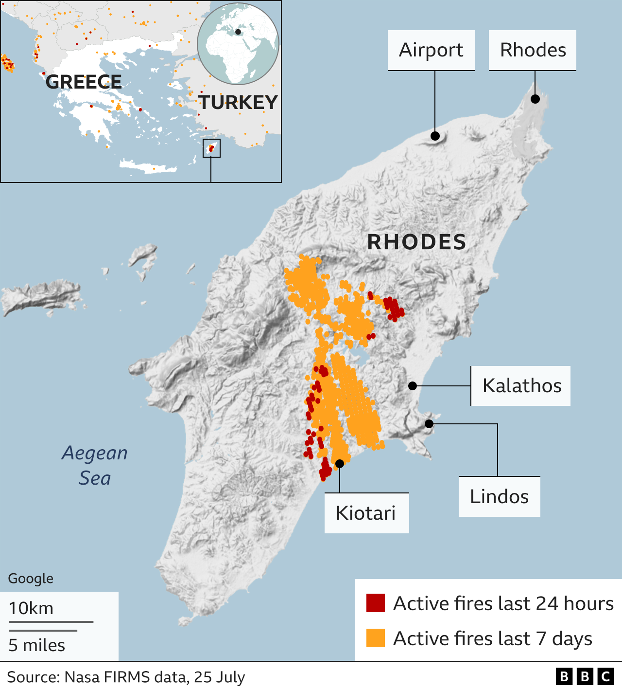 Harta që tregon zjarrin në Rodos