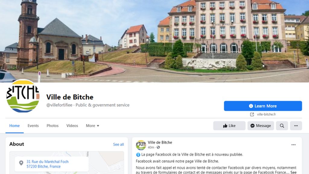 Ville de Bitche: Facebook mistakenly removes town's page - BBC News