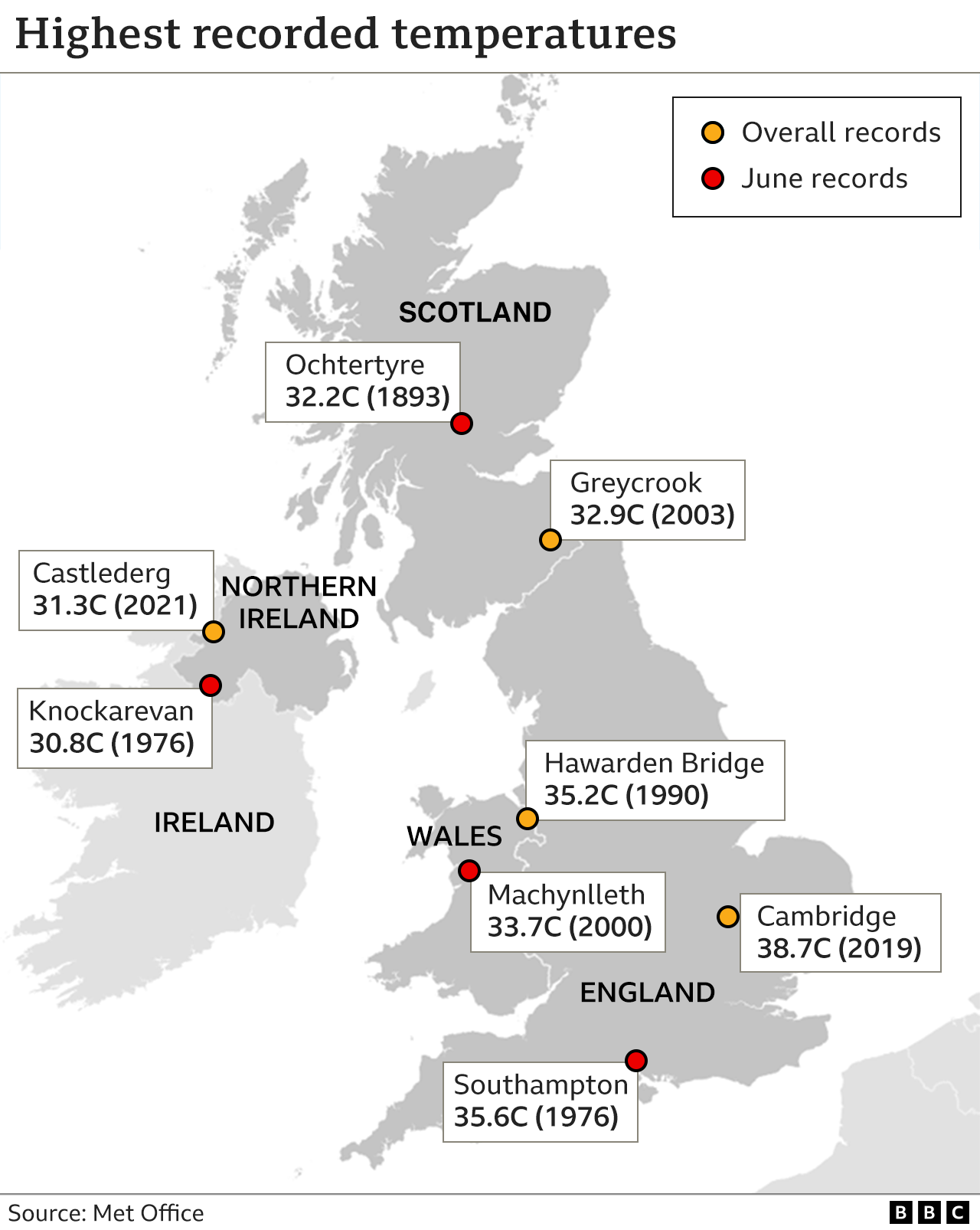 Карта, показывающая самые высокие температуры в Великобритании