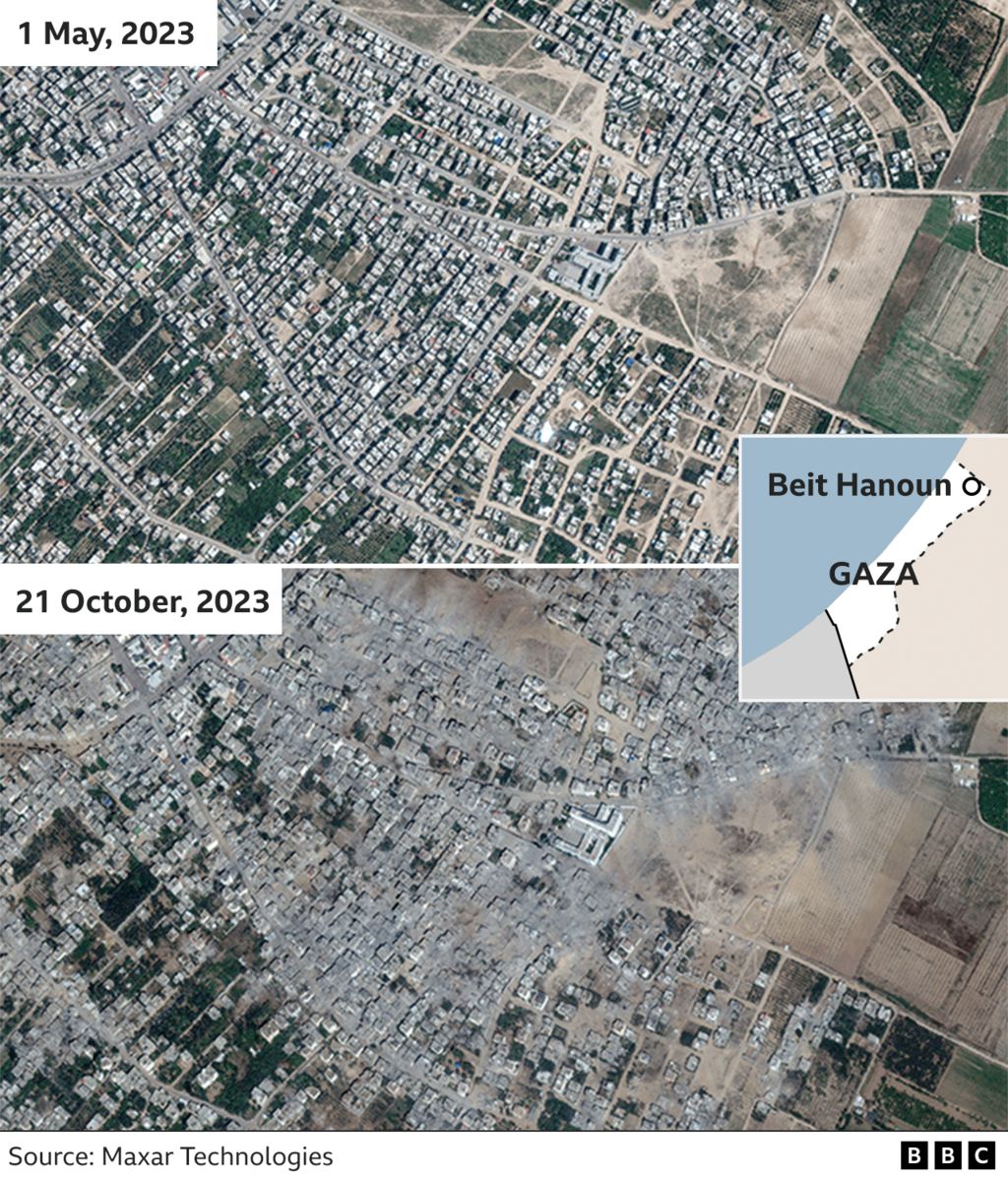 Satellite images of Beit Hanoun in Gaza, showing the area before and after Israeli aerial attacks that destroyed several buildings