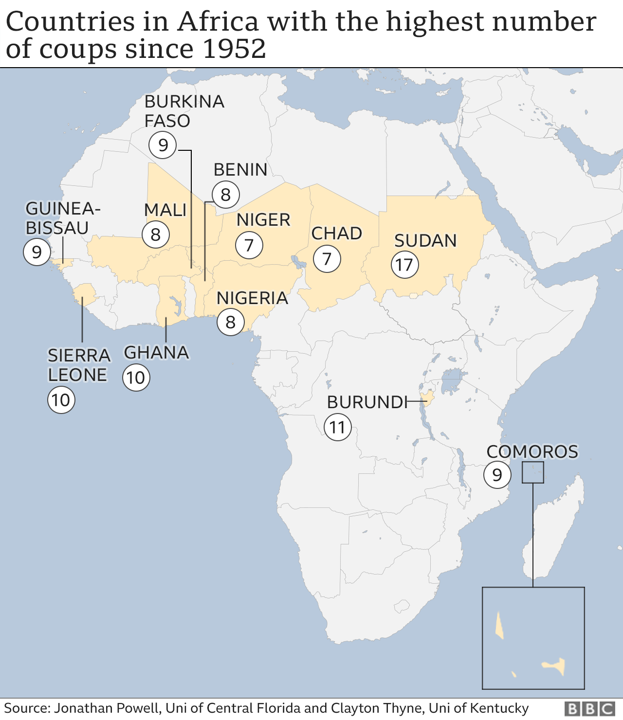 Map showing African countries with most coups