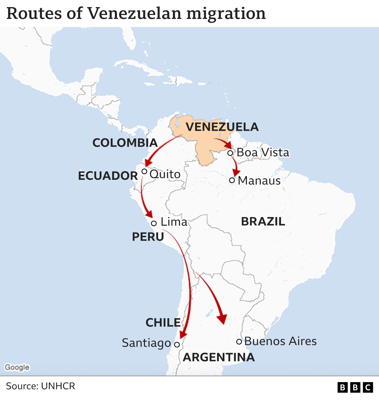 Map of Venezuelan migration routes. Updated 4 Nov 2022