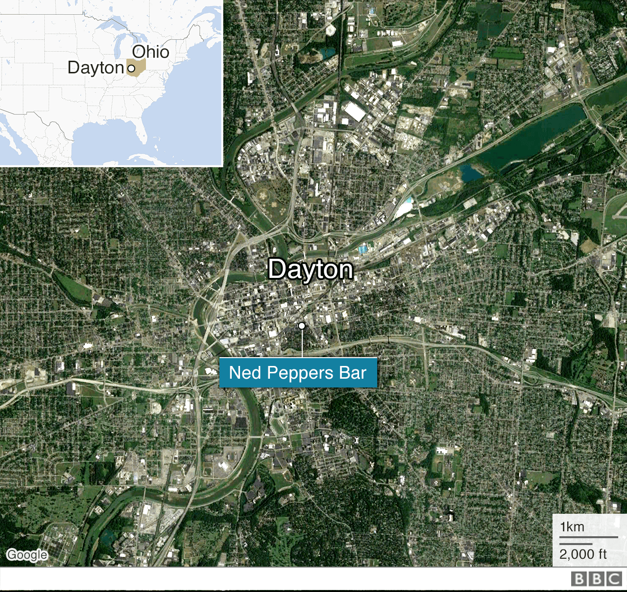 A map shows Ned Peppers Bar in Dayton, Ohio