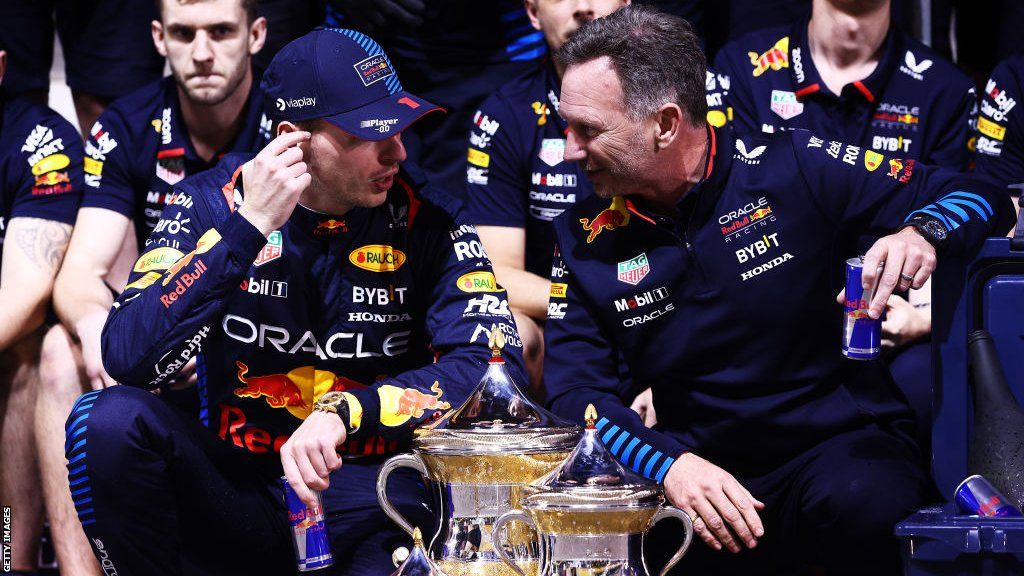 Christian Horner (right) celebrates Max Verstappen's win at the Bahrain Grand Prix on Saturday