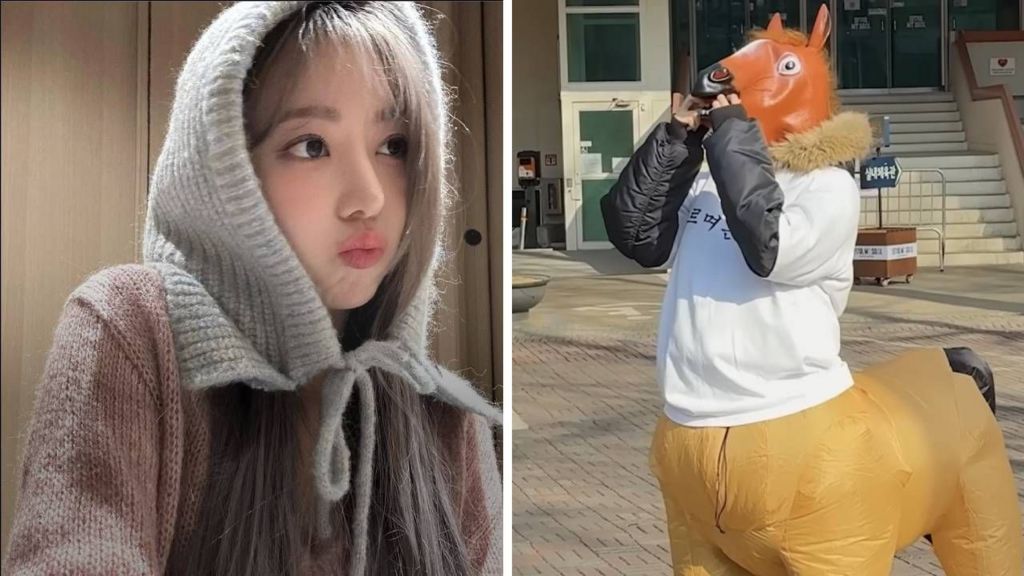 A split images, with the left-hand photograph showing Miyawaki Sakura of Le Sserafim posing in a hand-knitted head scarf. In the right-hand image, her bandmate Nakamura Kazuha dances in a horse costume.