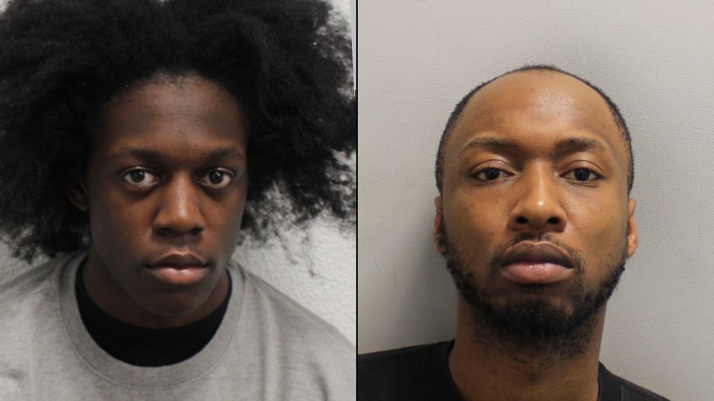 Two police custody photographs shown side by side. Both men are facing the camera with neutral expressions against plain light-coloured backgrounds, one wearing a grey sweatshirt and the other a dark top.