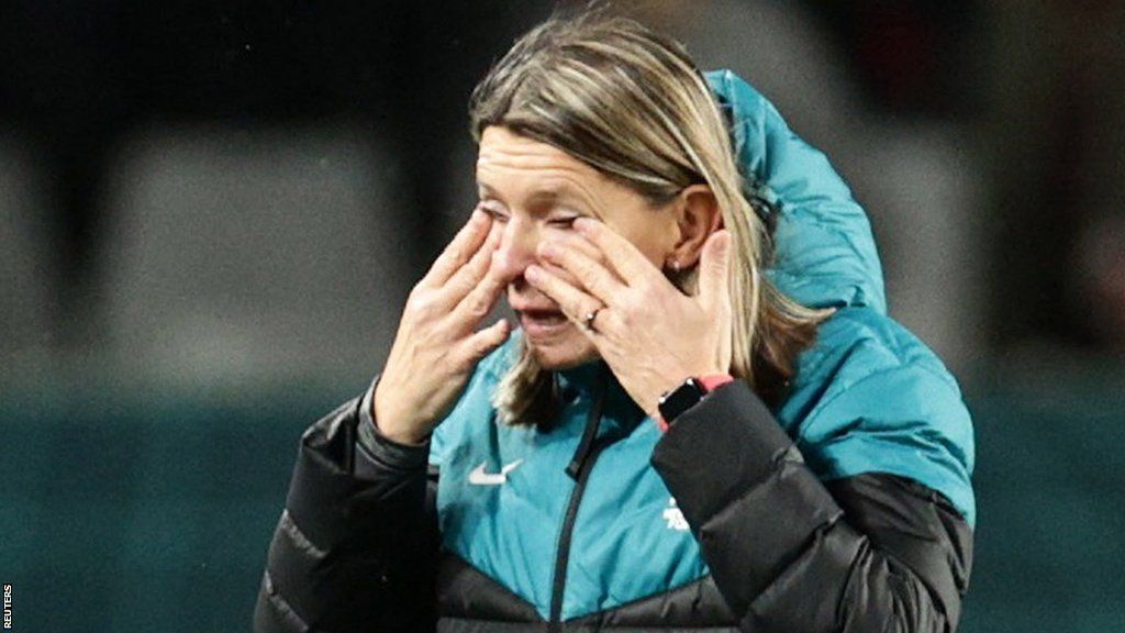 New Zealand boss Jitka Klimkova appears to wipe away tears after her side's World Cup victory over Norway