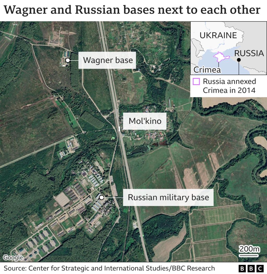 Satellite image showing the locations of a Wagner training base and a Russian military base at Mol'kino, near the Black Sea.