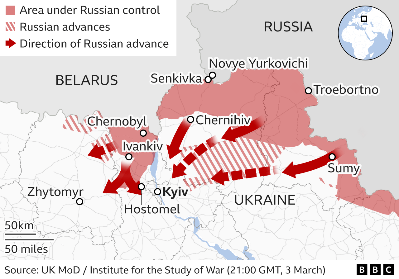 Map showing the Russian military advance into Ukraine from the north