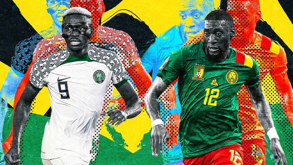 A colourful graphic featuring Nigeria striker Victor Osimhen and Cameroon forward Karl Toko Ekambi