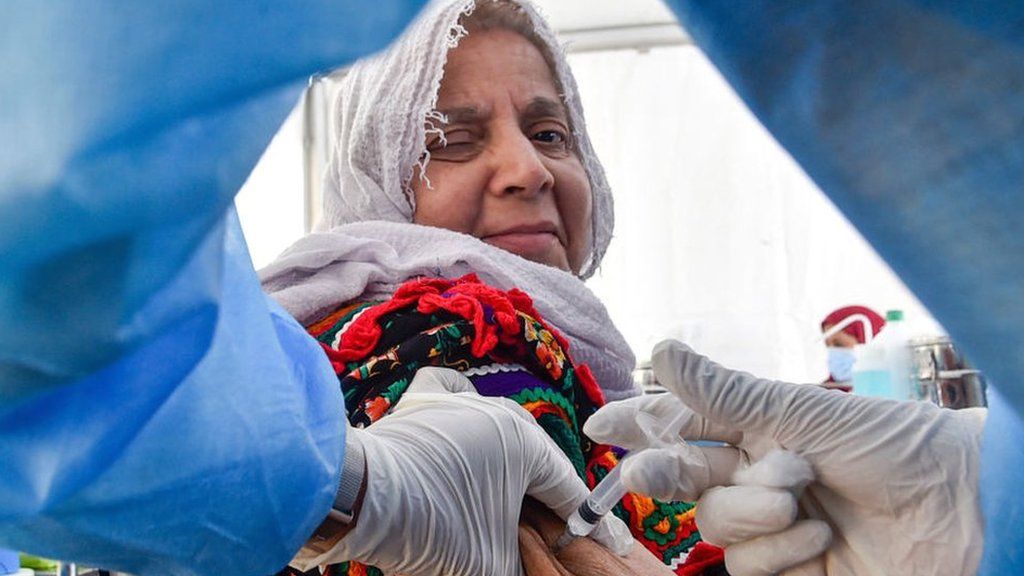 Vaccination being given to a woman in Algeria.