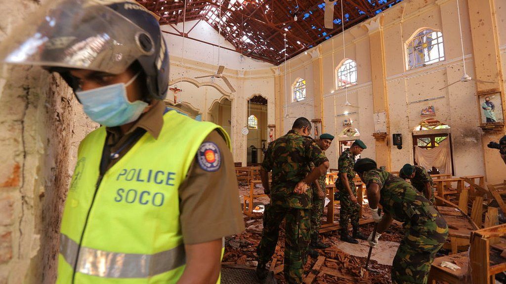 Sri Lankan military inspect St Sebastian church where a bomb blast took place in the town of Negombo, Sri Lanka, on April 22 2019