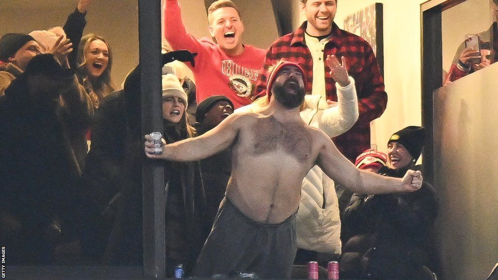 Jason Kelce goes shirtless as he celebrates during Kansas City's win at Buffalo