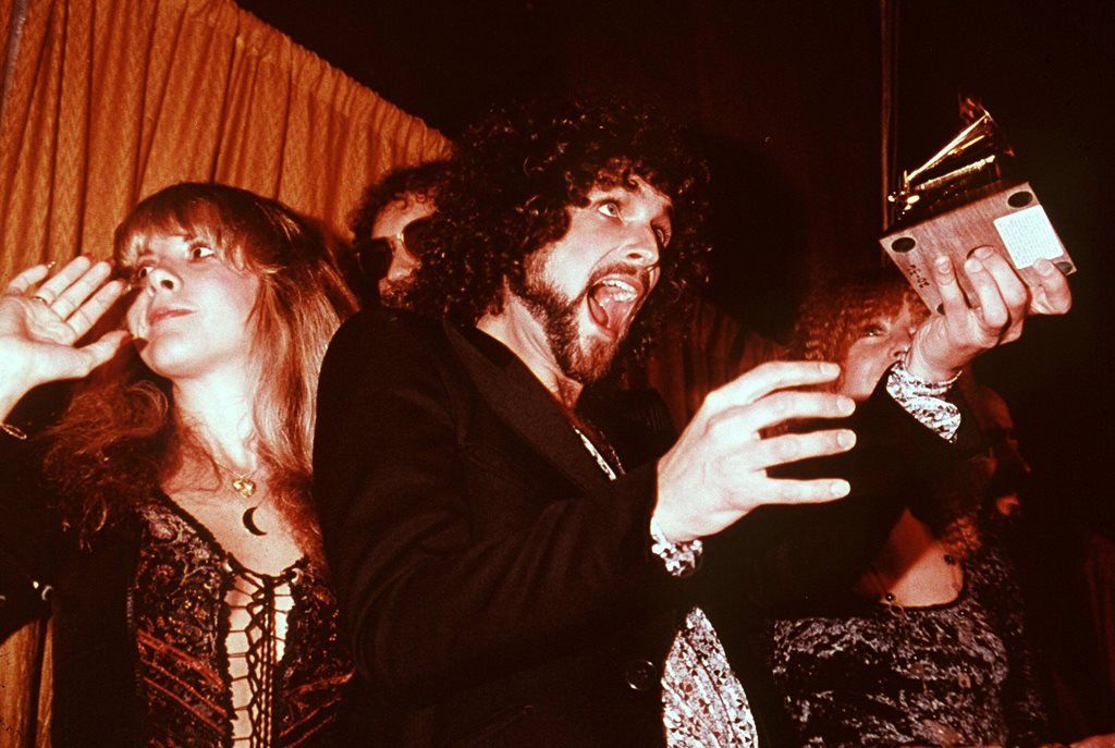 Stevie Nicks, Lindsey Buckingham and the rest of Fleetwood Mac with their Grammy for Rumours in 1978