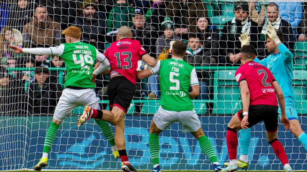 St Mirren's Alex Gogic scores to make it 1-0 during a cinch Premiership match between Hibernian and St Mirren at Easter Road Stadium, on February 03, 2024, in Edinburgh, Scotland.