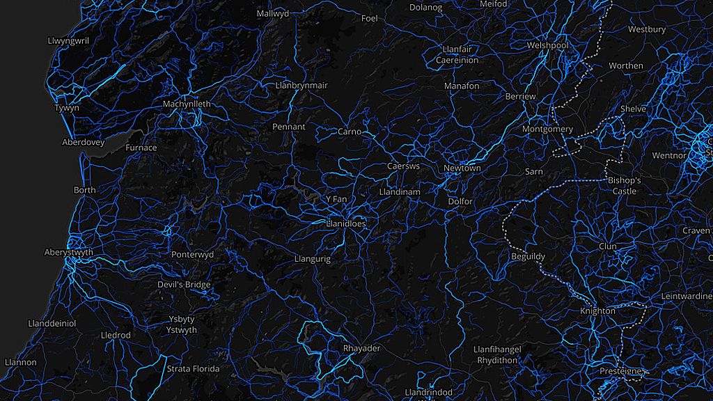 Powys - running routes (by Strava users 2015)