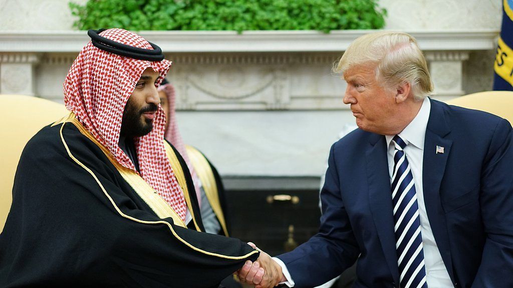 Crown Prince Mohammed bin Salman and Donald Trump shake hands