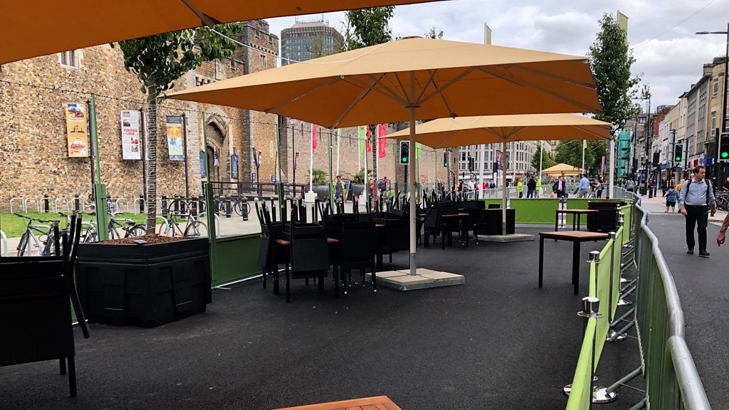 Cardiff’s Castle Street has been turned into an al fresco dining area