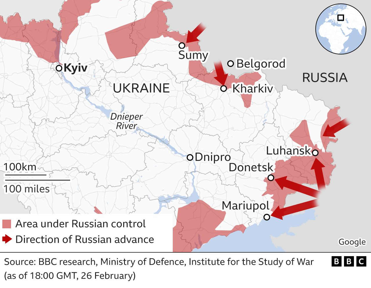 Map showing Russian advance from east 27 Feb
