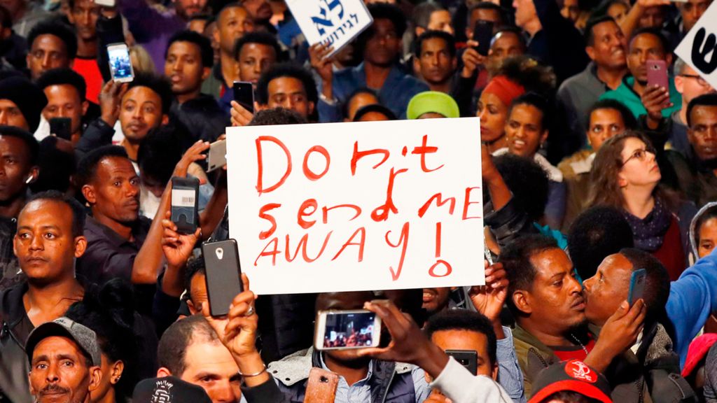 Demonstration against the Israeli government's policy to forcibly deport African refugees and asylum seekers from Israel to Uganda and Rwanda, Tel Aviv, Israel, February 2018
