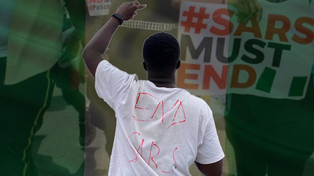 A composite image of a protester and an Nigerian flag