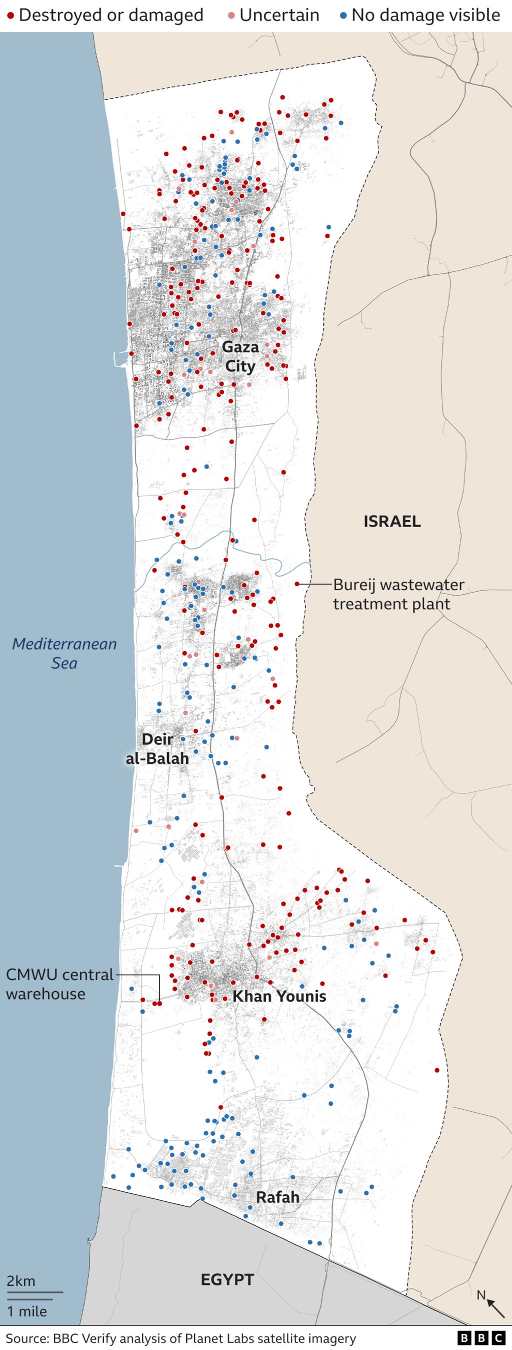 A map of Gaza with coloured dots to show sites across Gaza that have been majority "destroyed or damaged", "uncertain" or "no damage visible"