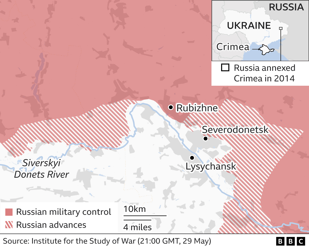 Map of the region around Severodonetsk and the Russian military control area as of 29 May 2022