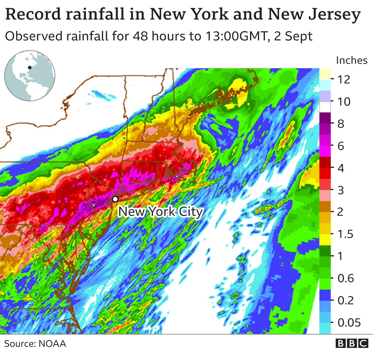 Карта, показывающая рекордные уровни осадков над Нью-Йорком