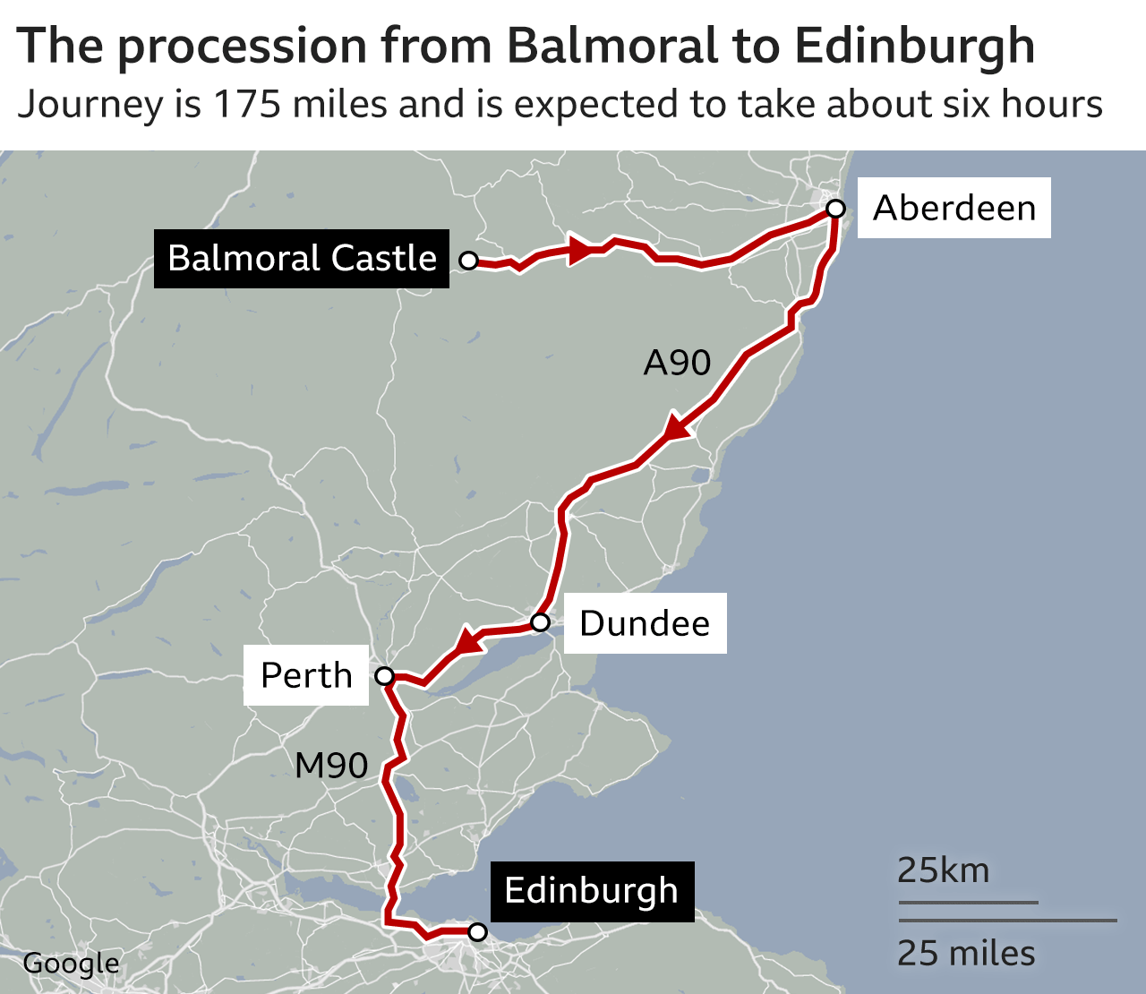 Map showing procession route from Balmoral to Edinburgh